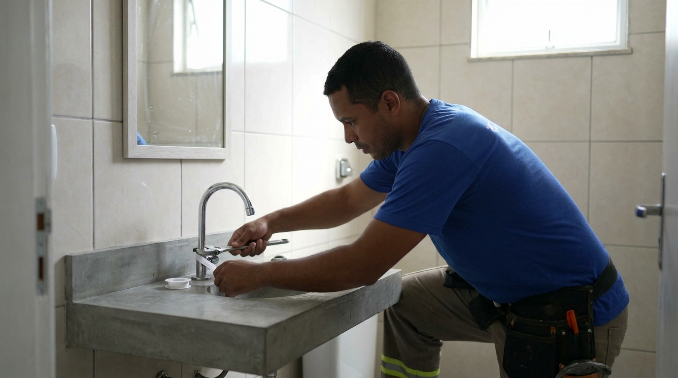 Encanador instalando torneira em Blumenau‑SC