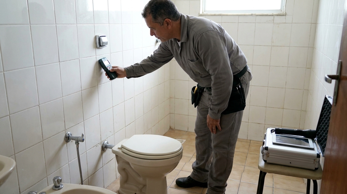 Técnico de caça vazamento analisando tubulação em Blumenau‑SC