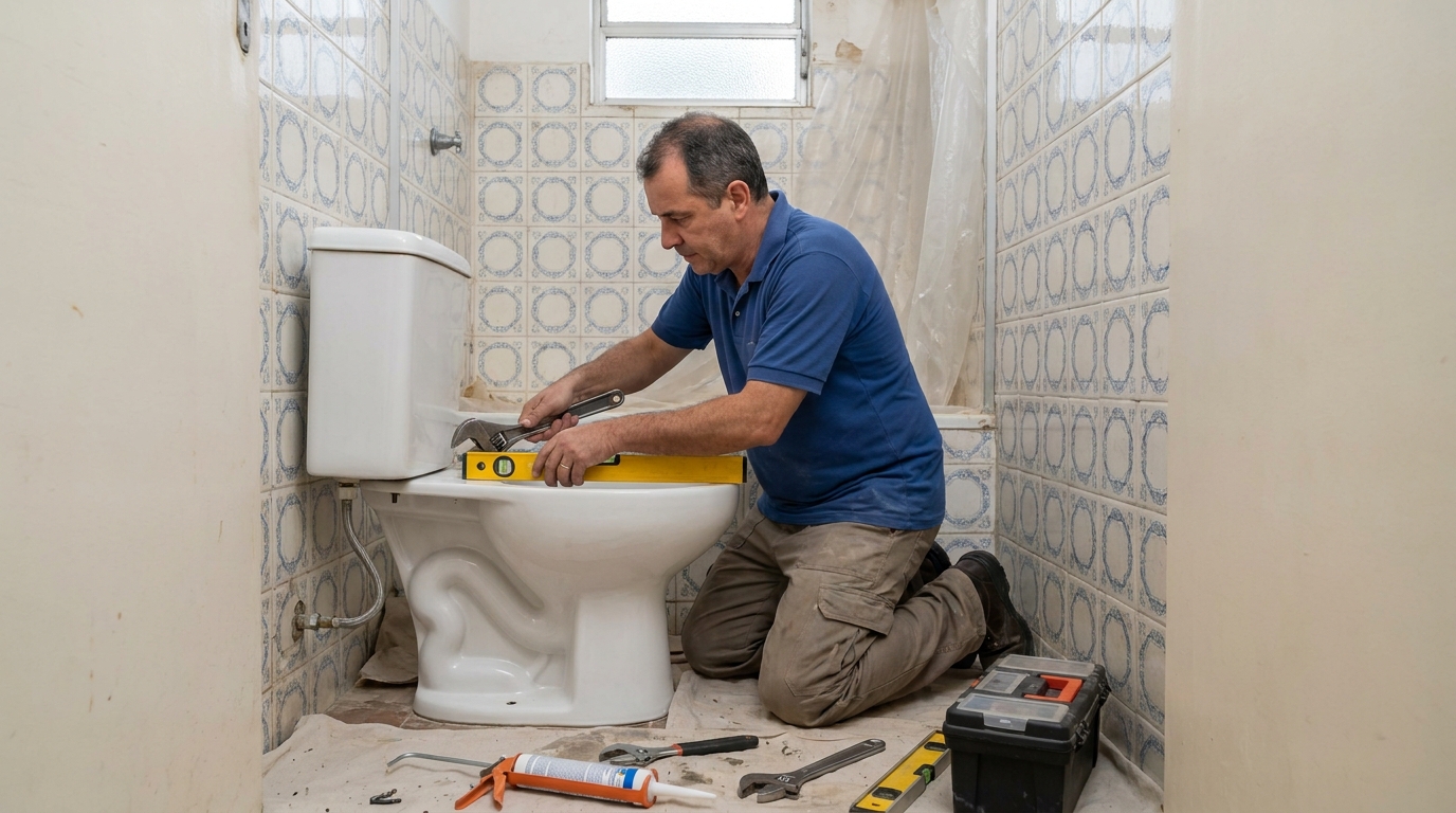 Técnico instalando vaso sanitário em Blumenau‑SC