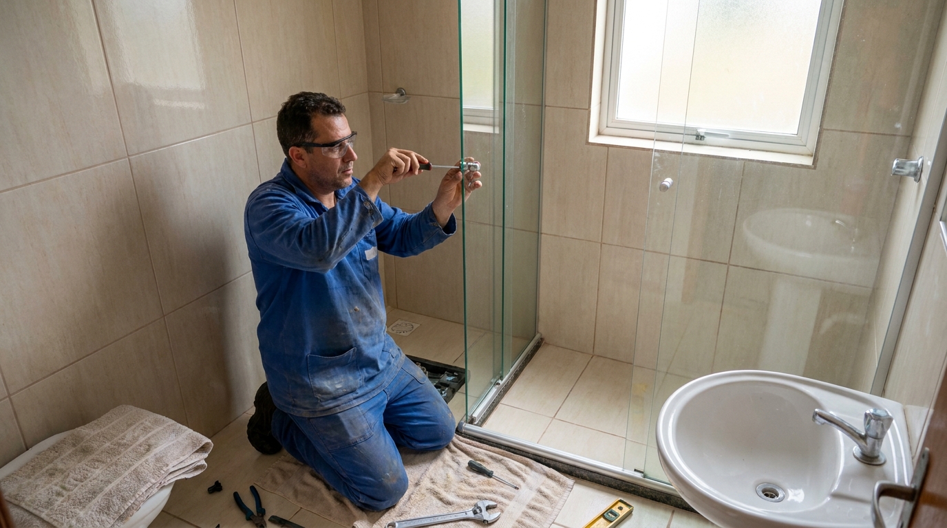 Técnico realizando manutenção de box em Blumenau‑SC